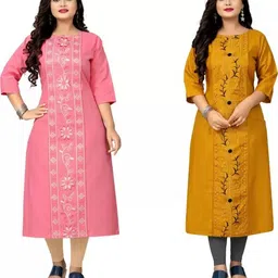 vividh creations Pack of 2 Women Embroidered Cotton Blend Straight Kurta-picture-12