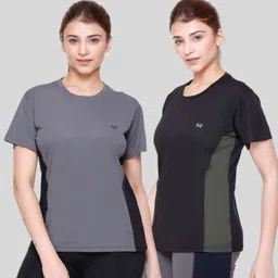 white moon Pack of 2 Women Colorblock Round Neck Polyester Multicolor T-Shirt-picture-19
