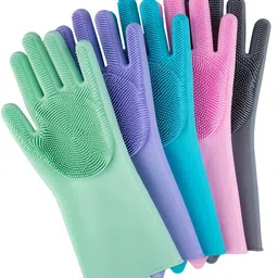 zemlite Hand Gloves For Washing Utensils- silicon dish washing gloves with wash scrubbe (Multicolour, 1 Pair, free size) Wet and Dry Glove-picture-24