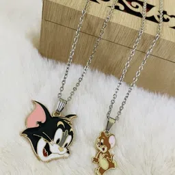 subhadra collections Tom & Jerry Best Friend Loving Couple Pendent Necklace Chain Set Silver Plated Silver Alloy Locket Set-picture-18