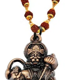 Religious Jewellery Lord Pawan Putra Hanuman Locket With Gold Plated Cap Panchmukhi Rudraksha Mala Brass Plated Brass, Wood Necklace-image-19