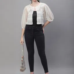 Rute Women Lace Button Front Crop Cotton Shrug image 4