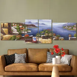 art street Stretched Canvas Painting Abstract Seaside House with Garden for Home Decor image 1