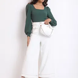tokyo talkies Casual Cuffed Sleeves Self Design Women Green Top image 3