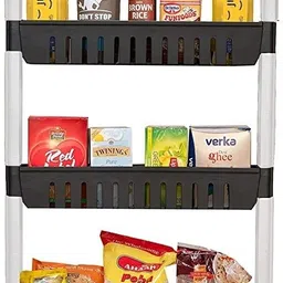 5 Tier Kitchen Storage Organizer Rack Holder with Wheels (Black & White) Plastic Kitchen Trolley-image-47