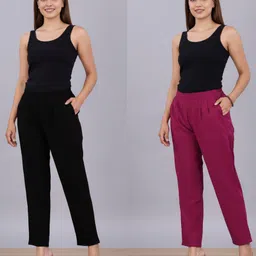 solid stitching Pack of 2 Women Regular Fit Black, Maroon Pure Cotton Trousers-picture-13