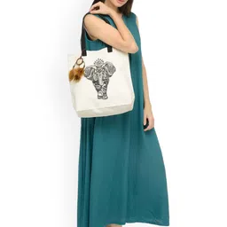The House of Tara Off White and Black Canvas Ethnic Motifs Printed Shopper Tote Bag image 3