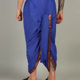 SAC SHREE APARAJEET CREATIONS Mens Blue Colour Panjakejam Readymade Golden Zari Border Dhoti Free size Silk Striped, Solid Men Dhoti image 2