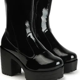strasse paris Bold and Breezy Black Patent Leather Ankle Length Heeled Boots for Women & Girls Boots For Women image 4