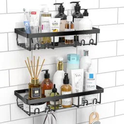 rich mart Shower Organizer Shelf - Self-Adhesive Black Basket for Bathroom Stainless Steel Wall Shelf-picture-12