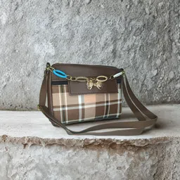 evork fashion Brown Women Sling Bag Women's Checkered Plaid Crossbody Sling Bag with Golden Chain & Bow Detail-picture-10
