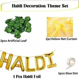 decor sparks 6Pcs Haldi Decoration Set with Yellow Net Curtain, Foil & Leaves image 2
