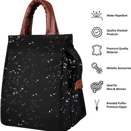 hvh world Black-Tan Faux Leather & Linen PVC Cotted Fabric Tiffin + Picnic bag HV-TB11 Lunch Bag image 4