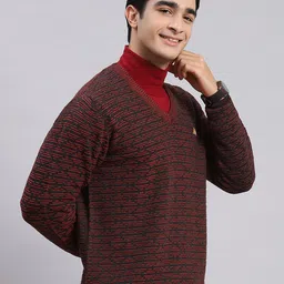 monte carlo Men Self Design Round Neck Maroon Sweater image 3