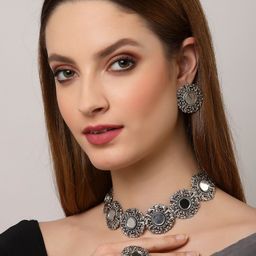 Arrabi Silver-Toned Mirror-Studded Oxidised Jewellery Set-picture-20