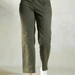Women Regular Fit Green Cotton Blend Trousers-image-9