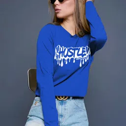 just roar Women Printed Round Neck Cotton Blend Blue T-Shirt image 2