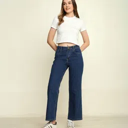 Women Flared High Rise Dark Blue Jeans-image-86