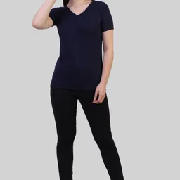 fleximaa Women Solid V Neck Pure Cotton Dark Blue T-Shirt image 5
