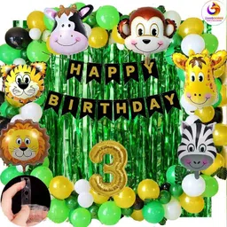 zambooree Green 3rd / 3 Year Birthday Decoration for Girl and Boy 6 Animal foil Balloons-picture-18