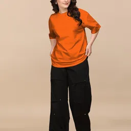 just roar Women Solid Round Neck Cotton Blend Orange T-Shirt image 4