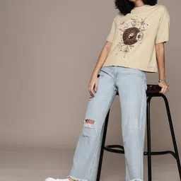 roadster Women Printed Round Neck Cotton Blend Beige T-Shirt image 4