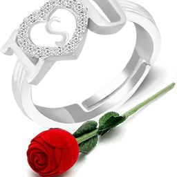 meenaz Valentine gift Jewellery Stylish Heart Shape Silver Platinum Proposal i love you Name Alphabet Letter Initial S Rings for girls women girlfriend Men Boys Couples American diamond CZ AD Adjustable Gifts Set Lovers Design With Velvet Red Rose box set-RING ROSE BOX SET-ME143 Brass, Copper, Crystal, Stone, Alloy, Metal Cubic Zirconia, Zircon, Crystal, Diamond Silver, Platinum Plated Ring-picture-20