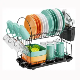 indriyas Dish Drainer Kitchen Rack 2 Tier Stainless Steel Dish Drying Rack with Cutlery Holder & Draining Tray Plastic, Steel-picture-34