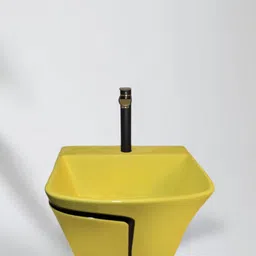 solano Premium Quality (HB :023 )Designer Ceramic Shining Yellow Semi Pedistal Wash Basin With Black Finishing Line Wall Hung Basin image 4
