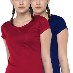dsws Pack of 2 Women Sporty, Solid Round Neck Polyester Dark Blue, Maroon T-Shirt-picture-18