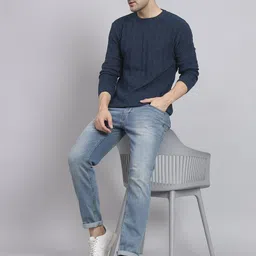 ewools Men Self Design Round Neck Blue Sweater image 3