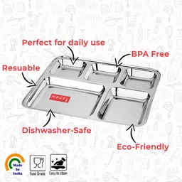 hazel Pack of 6 Stainless Steel Steel 4 Compartment Mess Plate Rectangle Bhojan Thali with Square Holes,Set of 6 Dinner Set image 4