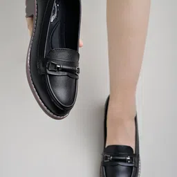 shoetopia Upper Buckle Detailed Black Loafers For Women & Gilrs Loafers For Women image 3