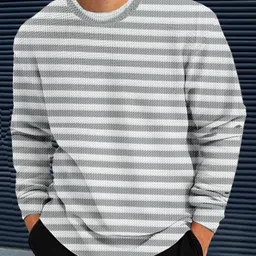 force Men Striped Round Neck Polyester Grey T-Shirt image 1