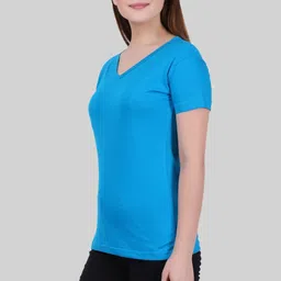 fleximaa Women Solid V Neck Pure Cotton Blue T-Shirt image 4
