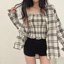 bnk Women Regular Fit Checkered Mandarin Collar Casual Shirt image 2