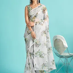 Mitera Grey & Green Floral Printed Organza Saree image 2