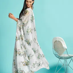 Mitera Grey & Green Floral Printed Organza Saree image 3