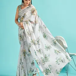 Mitera Grey & Green Floral Printed Organza Saree image 4