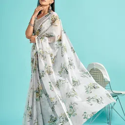 Mitera Grey & Green Floral Printed Organza Saree image 1