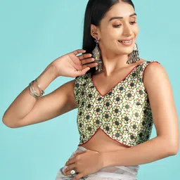 Mitera Grey & Green Floral Printed Organza Saree image 5