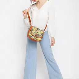 KLEIO Tan & Fluorescent Green Floral Printed Canvas Structured Sling Bag image 1