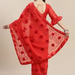 SERONA FABRICS Red Floral Embroidered Pure Chiffon Saree image 2