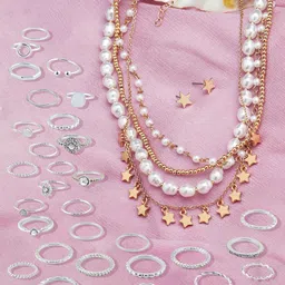 Ami Gold Plated & Silver Toned Contemporary Layered Necklace Chains & Ring Set-image-9