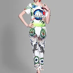 JC Collection Women White & Green Printed T-shirt with Trousers Co-Ords Set-image-84