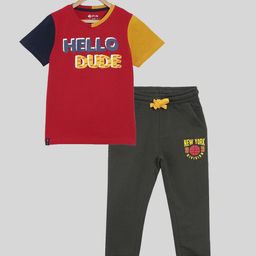 3PIN Boys Red & Olive Green Printed 2 Piece Cotton T-shirt Jogger Clothing Set-picture-39