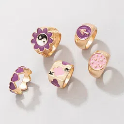 Yellow Chimes Women Set Of 5 Gold-Plated & Purple Enameled Finger Ring image 1