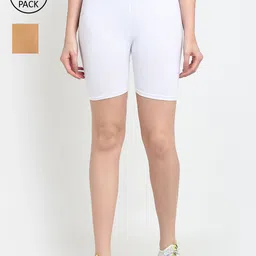 Jinfo Women Pack of 2 White & Beige Solid Cycling Shorts-picture-36