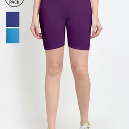 GRACIT Women Pack Of 3 Purple & Blue Cycling Sports Shorts-image-14