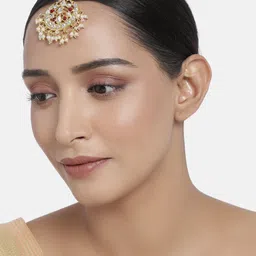 I Jewels Gold-Plated & Maroon Kundan & Pearl Studded Handcrafted Maang Tika image 1